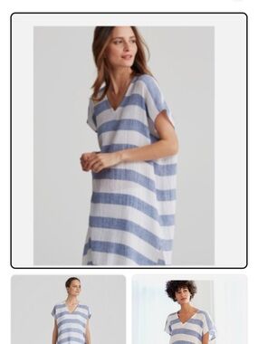 Eileen Fisher Blue and White Striped V-Neck Tunic Dress